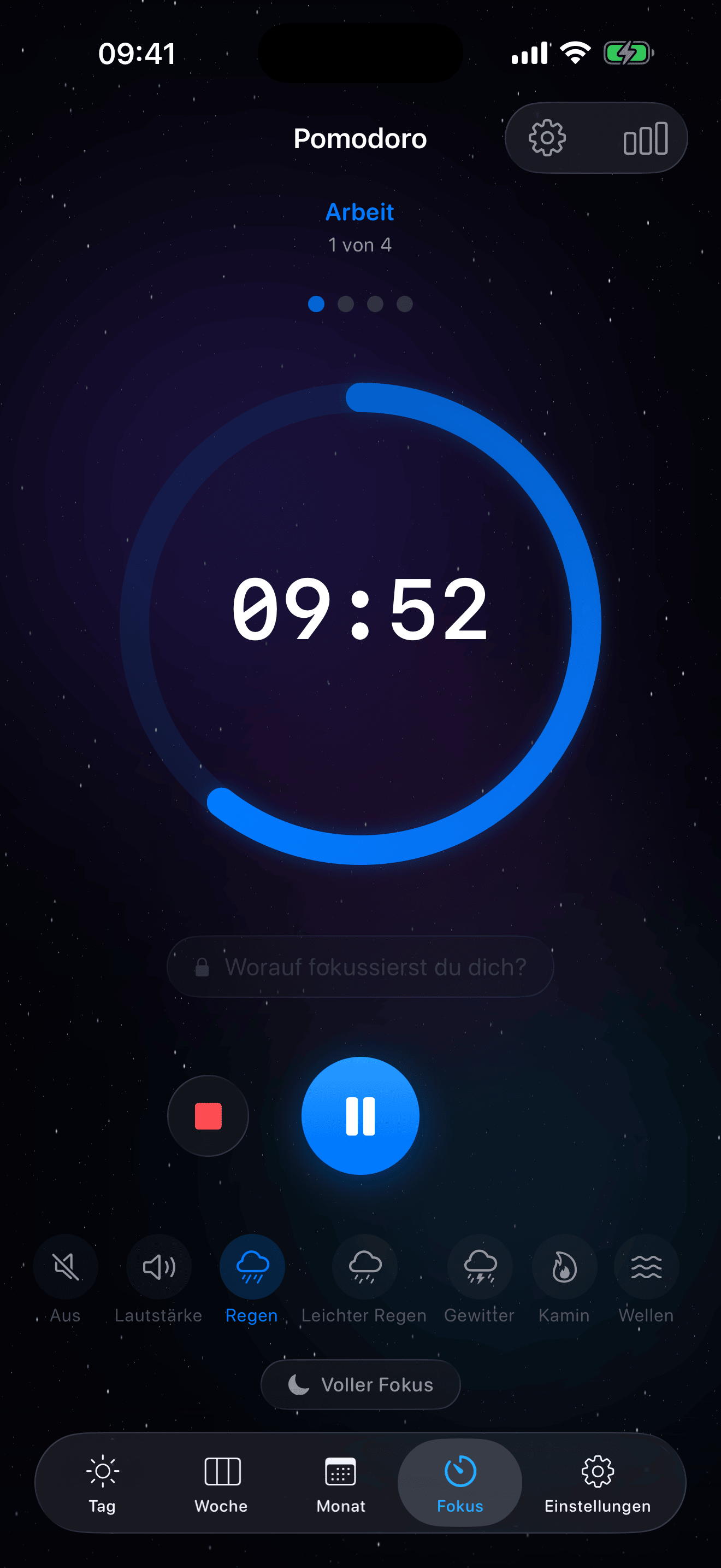Eva Pomodoro-Timer – Hauptbildschirm mit Countdown und Umgebungsgeräuschen