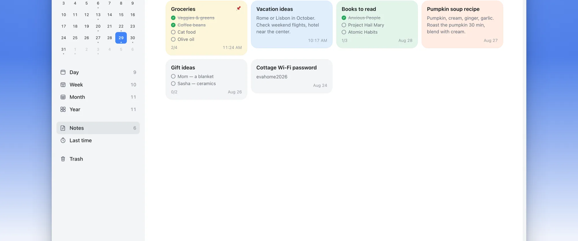 Eva web version — notes with checklists and colors in the browser