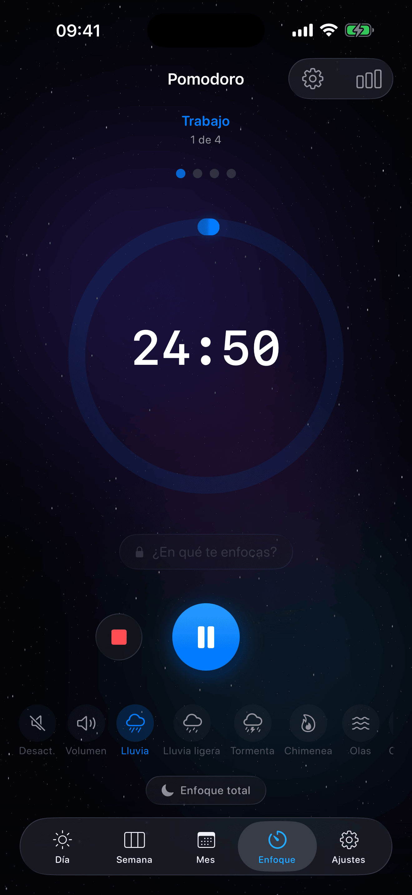 Temporizador Pomodoro de Eva – pantalla principal con cuenta regresiva y sonidos ambientales