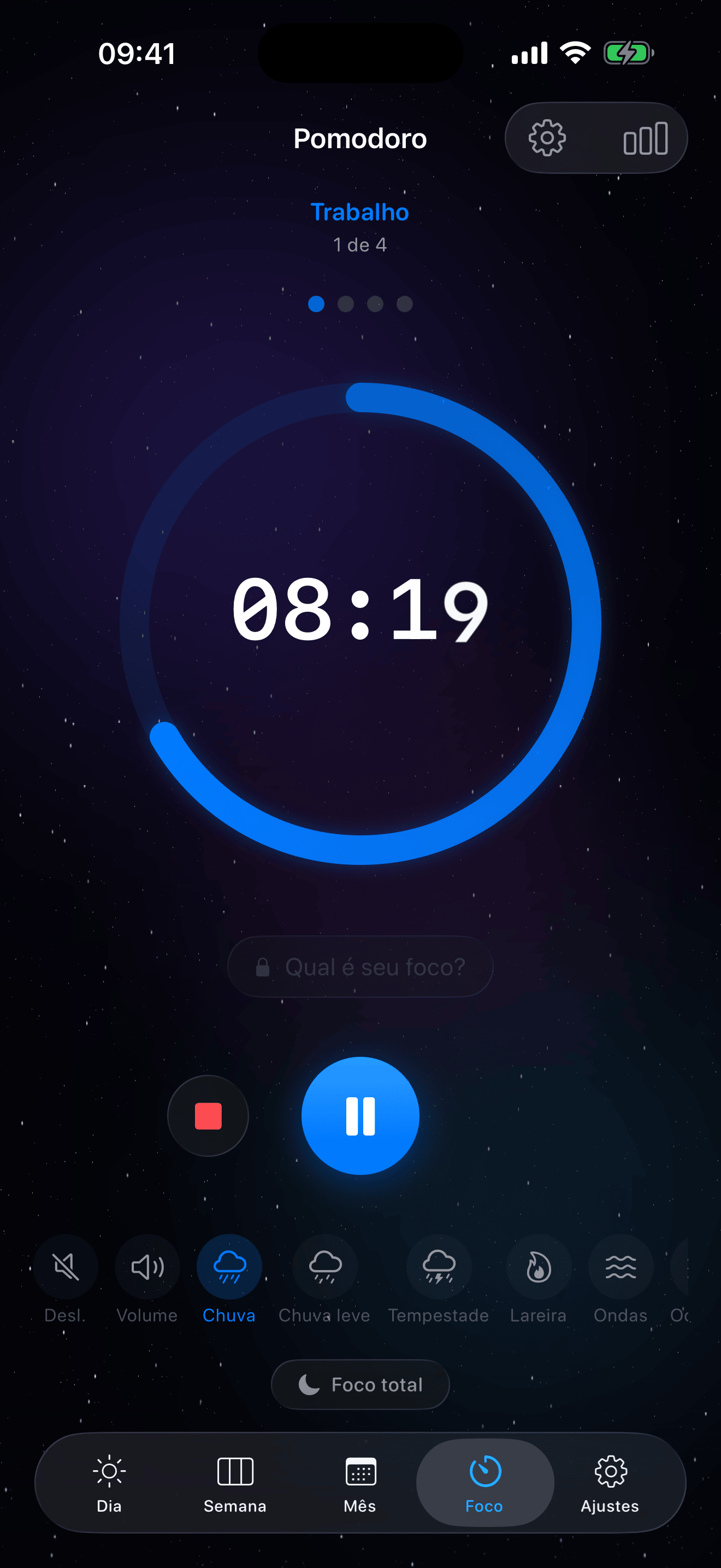 Timer Pomodoro do Eva – tela principal com contagem regressiva e sons ambiente