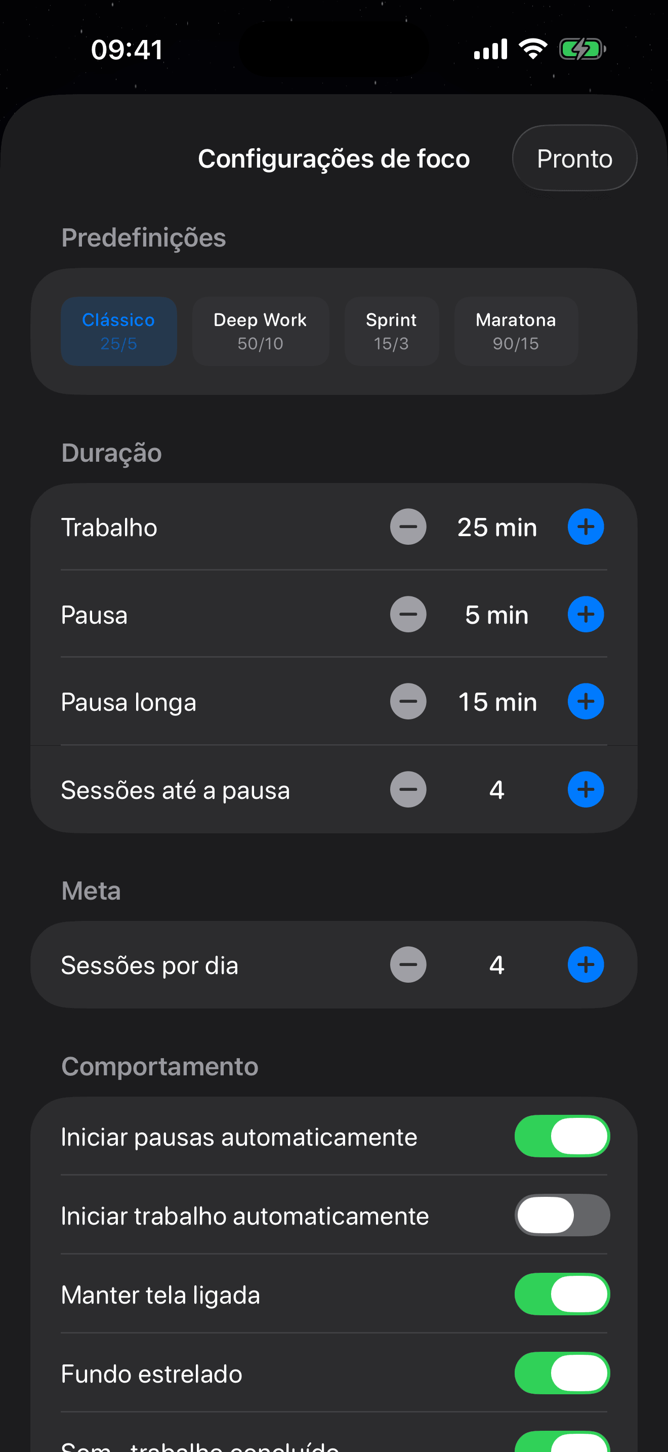 Configurações do timer Pomodoro do Eva – 4 presets: Clássico, Trabalho profundo, Sprint, Maratona