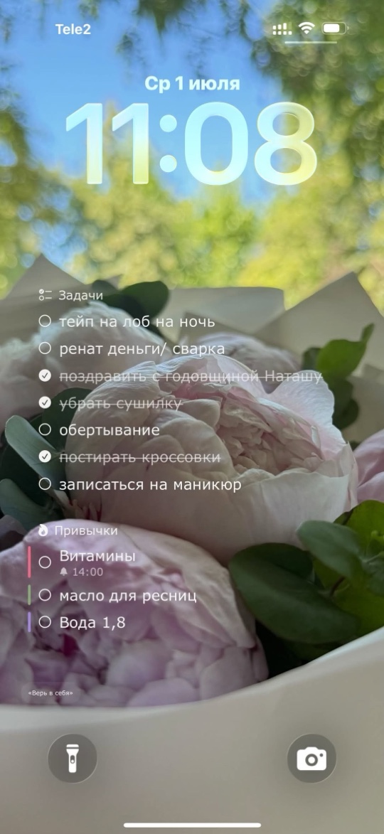 Экран блокировки с пионами, задачами и привычкой с напоминанием