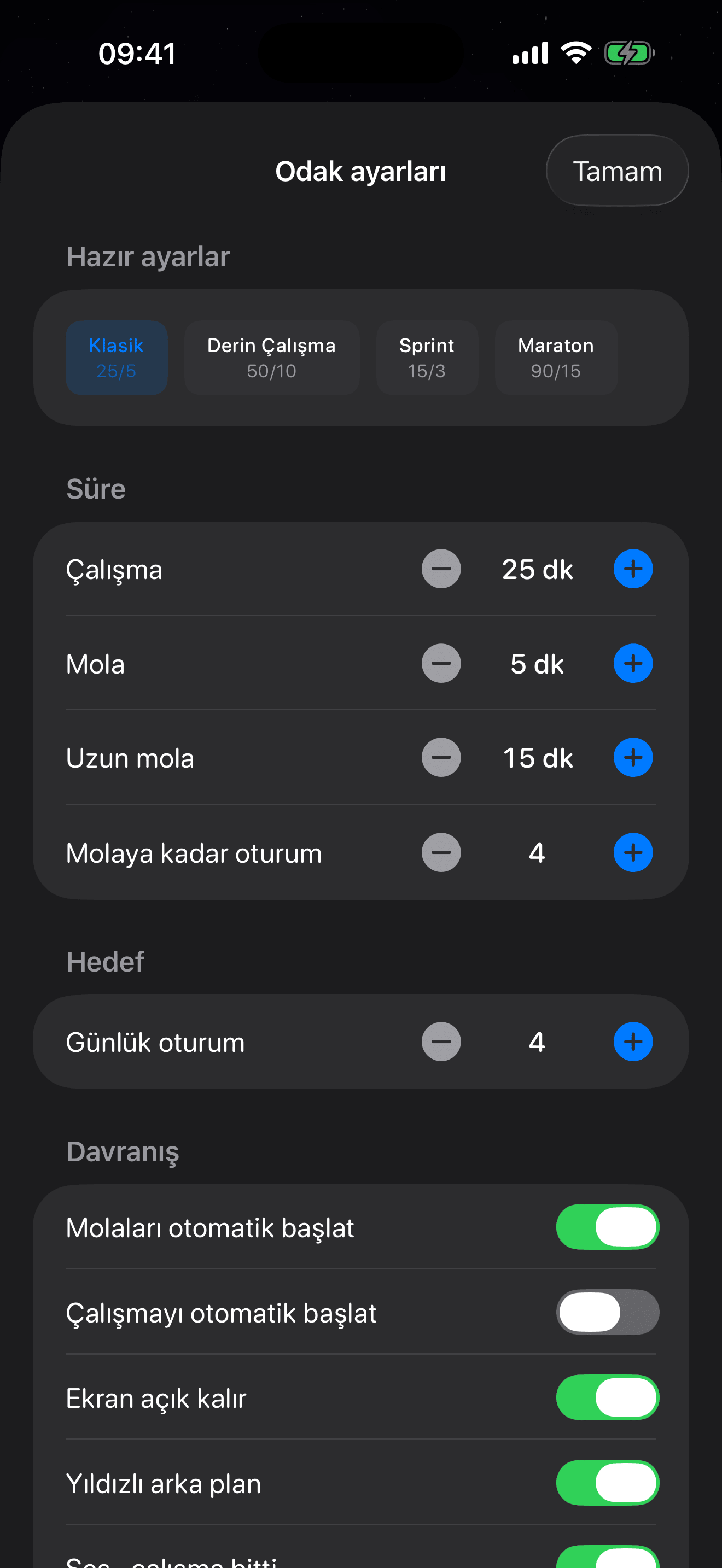 Eva Pomodoro zamanlayıcısı ayarları – 4 hazır ayar: Klasik, Derin Çalışma, Sprint, Maraton